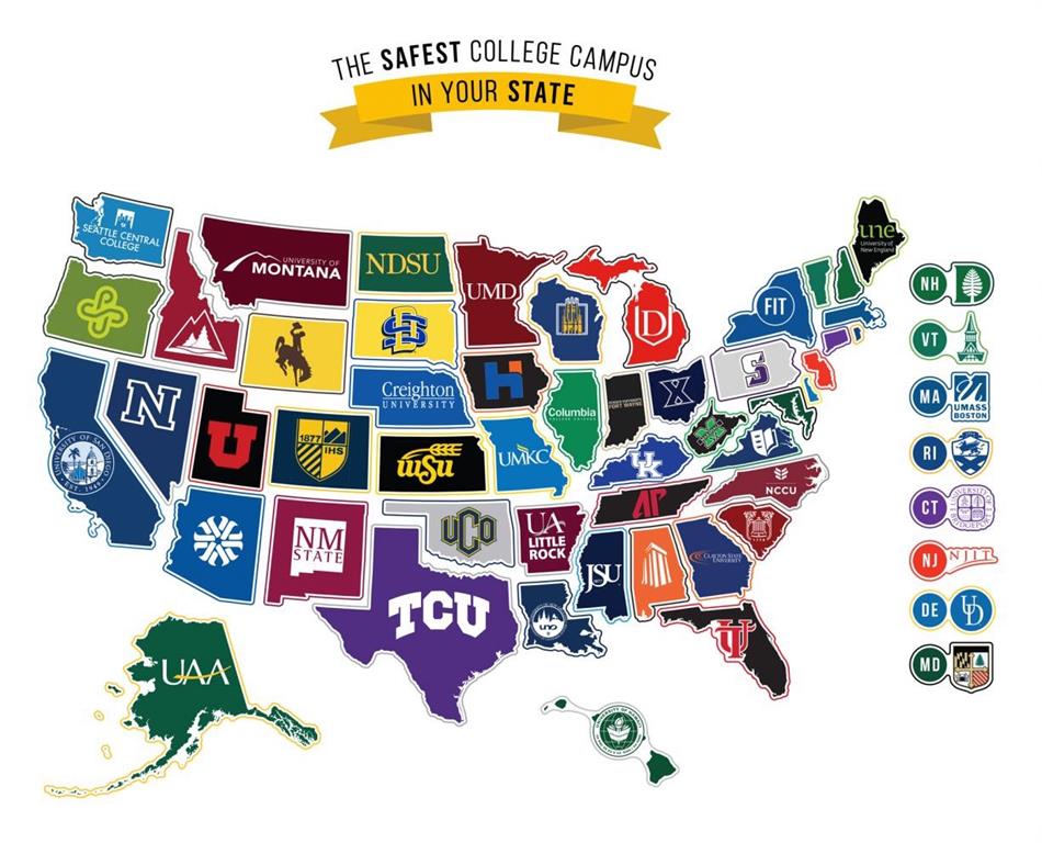 Map of the US broken out by state with each state showing the logo of the state's safest college